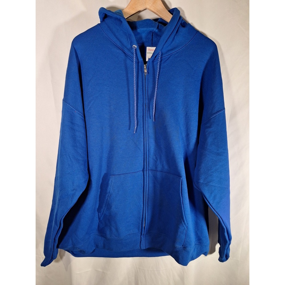 Hanes EcoSmart Full Zip Hoodie Royal Blue Fleece Sweatshirt 2XL P5180